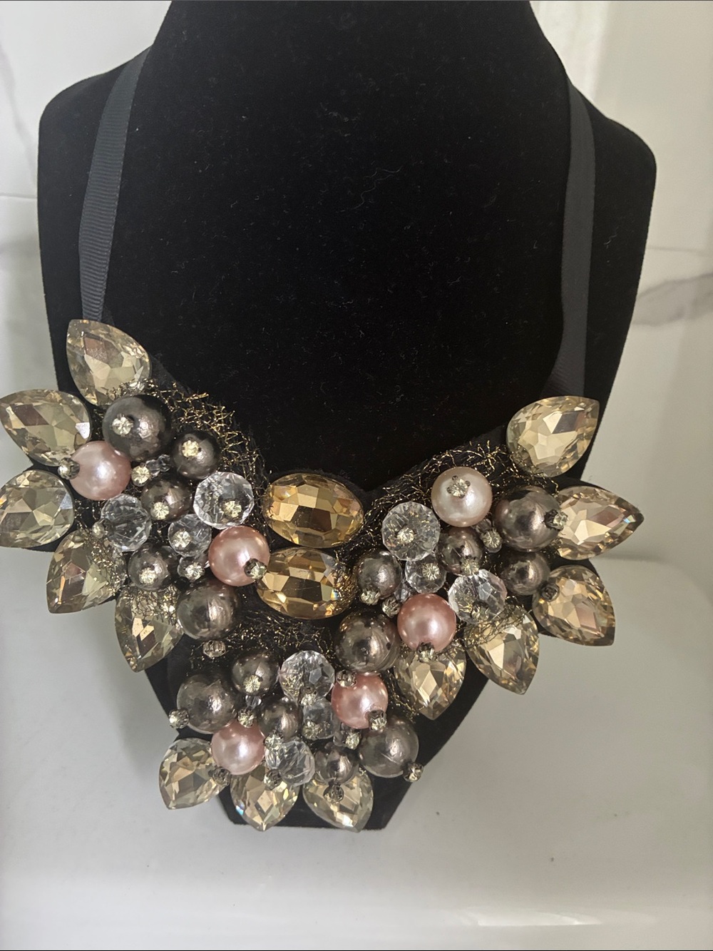 BCBGMaxAzria Pink and Gray Pearls and Gold Crystal Floral Bib Necklace